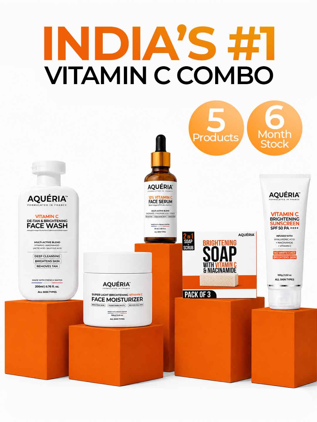 5 Product Daily Brightening Vitamin C Combo - 10% Serum + Moisturizer + Face wash + Soap pack of 3 + Sunscreen