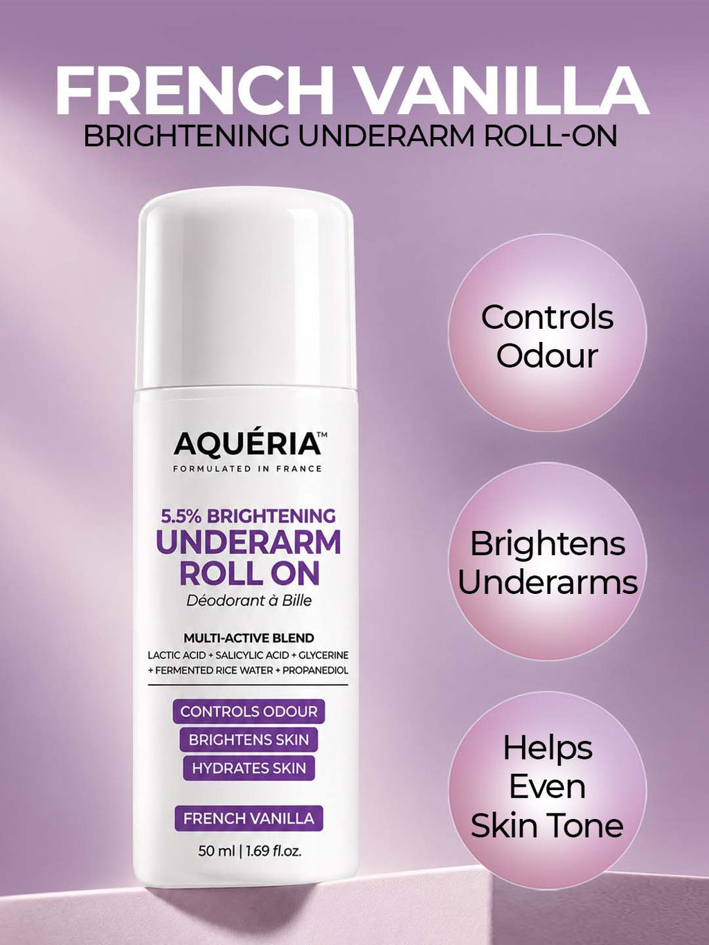 Brighten and smooth underarms with Aquéria's 5.5% AHA BHA roll-on, featuring Salicylic Acid, Fermented Rice Water and a rich Dubai Oud fragrance.