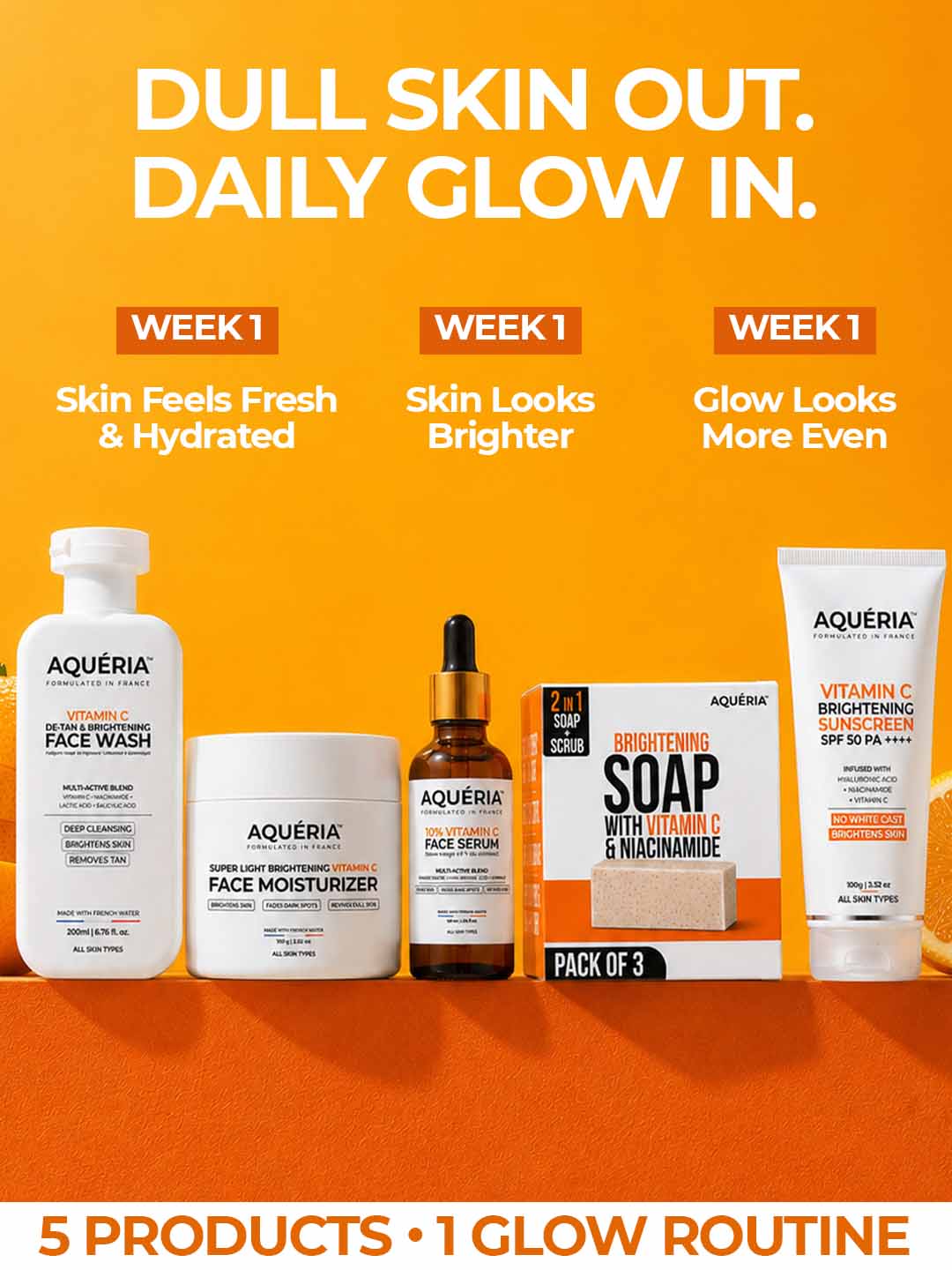 5 Product Daily Brightening Vitamin C Combo - 10% Serum + Moisturizer + Face wash + Soap pack of 3 + Sunscreen