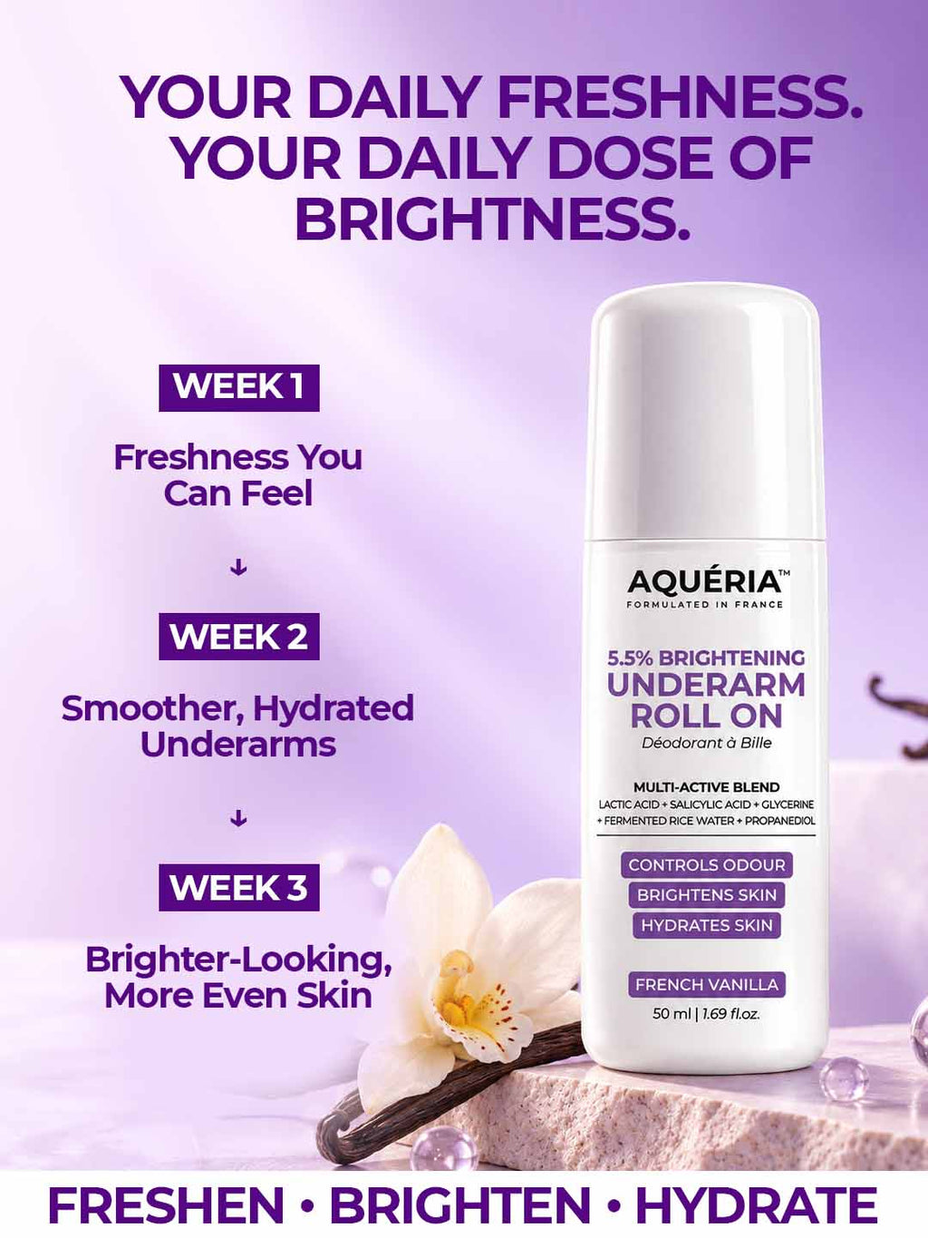 Brighten and smooth underarms with Aquéria's 5.5% AHA BHA roll-on, featuring Salicylic Acid, Fermented Rice Water and a rich Dubai Oud fragrance.