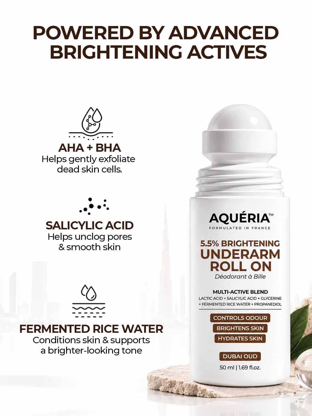 Celebrity Favourite Underarm Roll-On for Freshness & Brightening | 5.5% AHA BHA | Salicylic Acid | Fermented Rice Water | Dubai Oud Fragrance