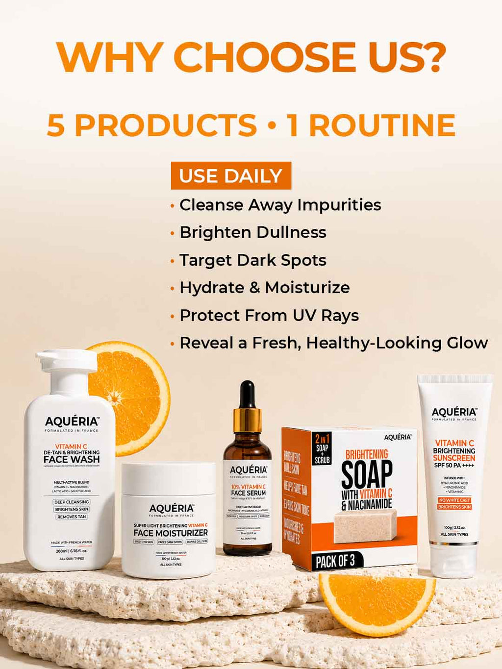 5 Product Daily Brightening Vitamin C Combo - 10% Serum + Moisturizer + Face wash + Soap pack of 3 + Sunscreen