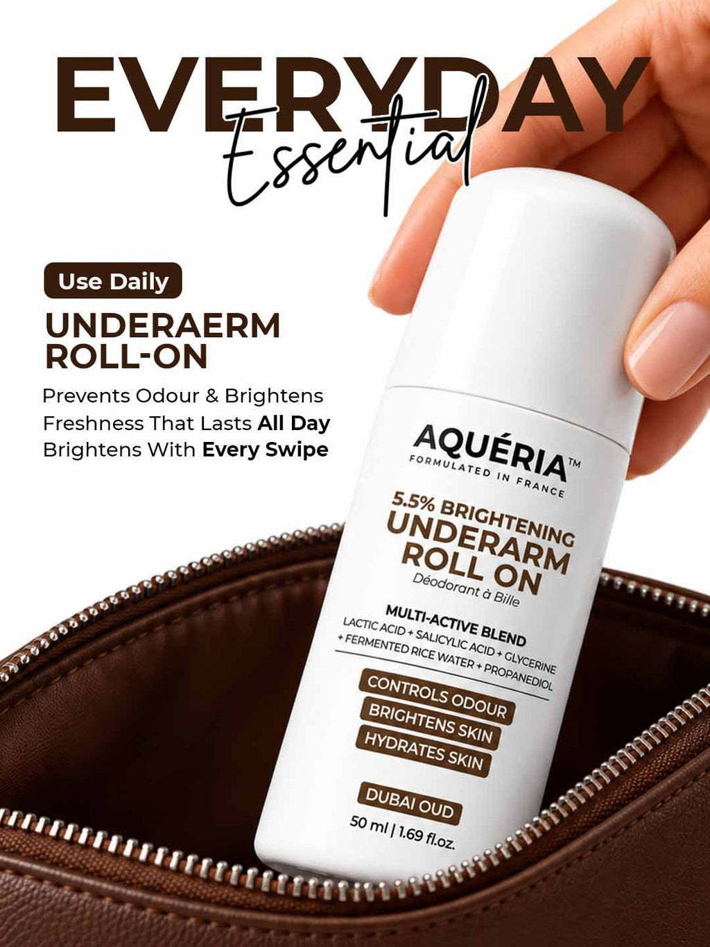 Celebrity Favourite Underarm Roll-On for Freshness & Brightening | 5.5% AHA BHA | Salicylic Acid | Fermented Rice Water | Dubai Oud Fragrance
