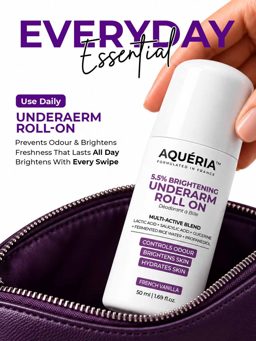 Brighten and smooth underarms with Aquéria's 5.5% AHA BHA roll-on, featuring Salicylic Acid, Fermented Rice Water and a rich Dubai Oud fragrance.