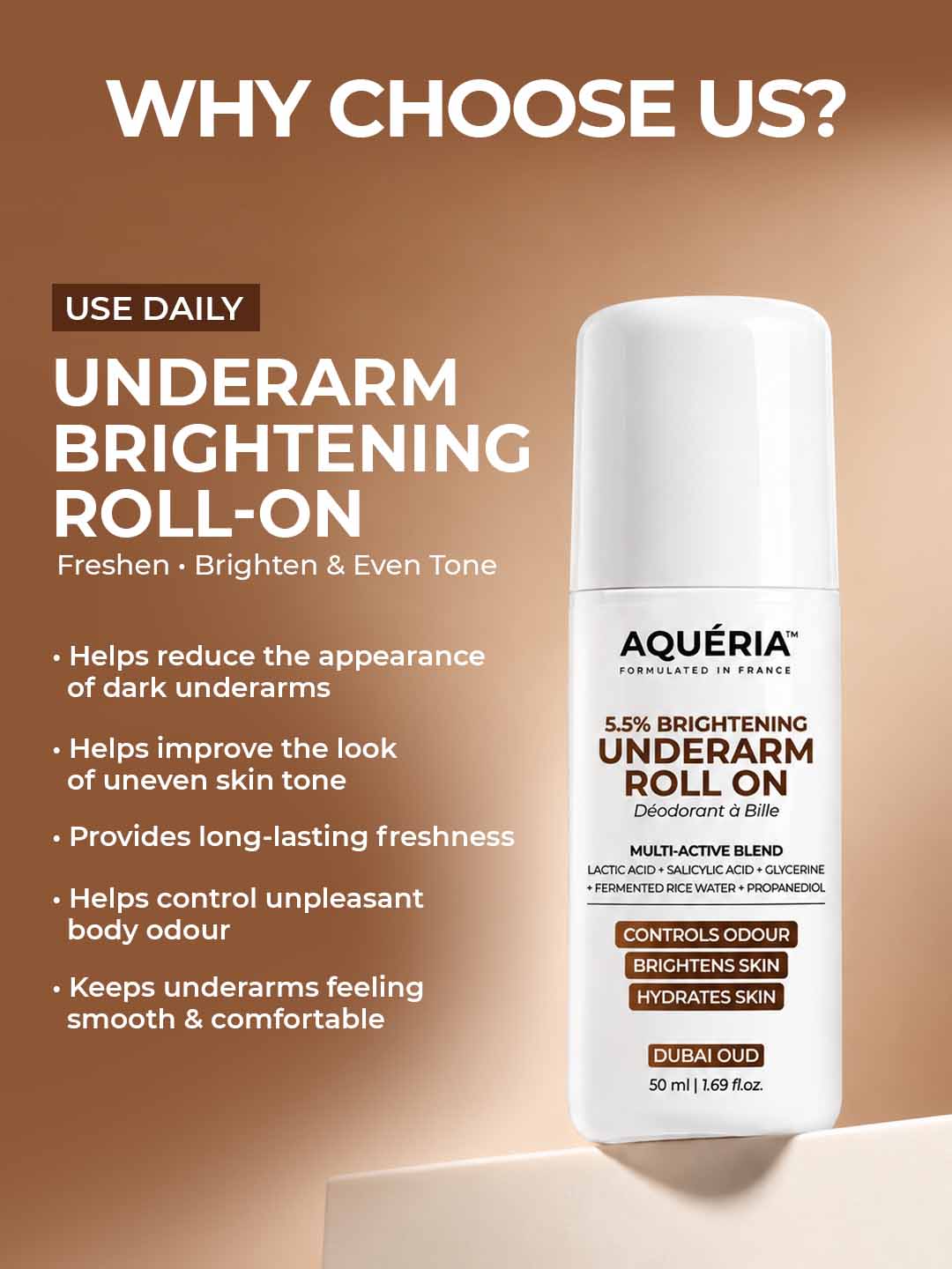 Celebrity Favourite Underarm Roll-On for Freshness & Brightening | 5.5% AHA BHA | Salicylic Acid | Fermented Rice Water | Dubai Oud Fragrance