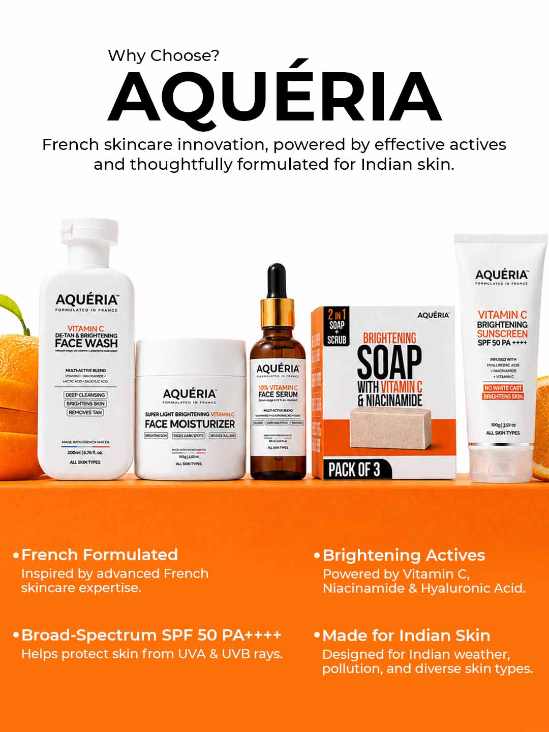 5 Product Daily Brightening Vitamin C Combo - 10% Serum + Moisturizer + Face wash + Soap pack of 3 + Sunscreen
