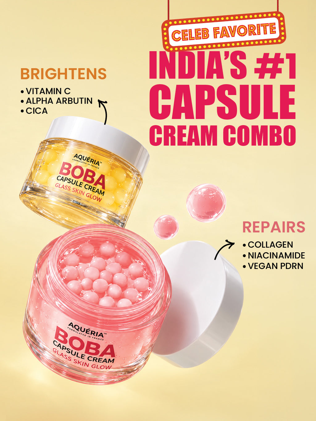 AQUÉRIA BOBA Capsule Cream Duo | Niacinamide + Collagen + Vegan PDRN & Vitamin C + Alpha Arbutin + Cica