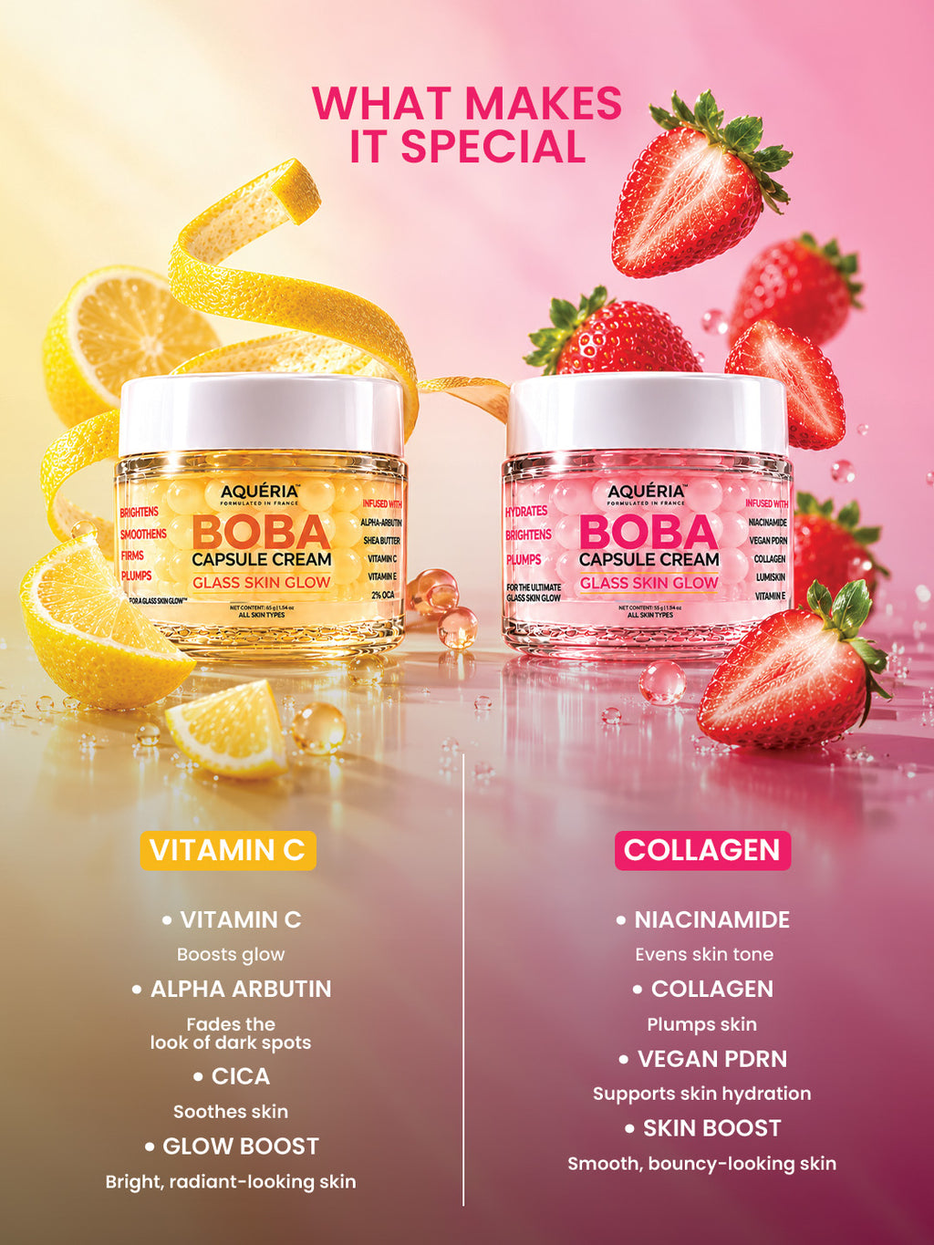 AQUÉRIA BOBA Capsule Cream Duo | Niacinamide + Collagen + Vegan PDRN & Vitamin C + Alpha Arbutin + Cica