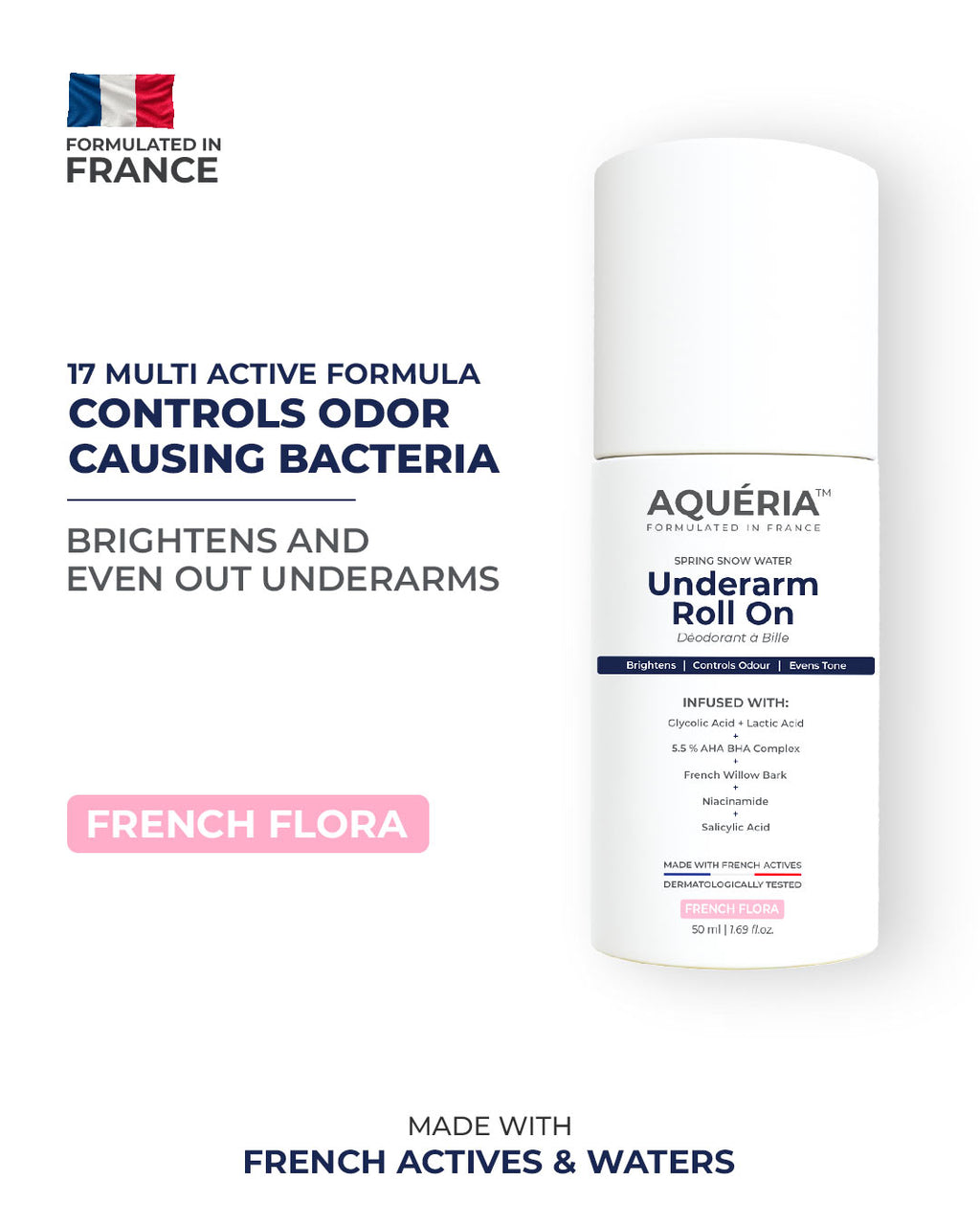 Multi-Active Underarm Treatment Roll-On | 5.5% AHA BHA | Niacinamide | Zinc Ricinoleate - French Flora Pack of 2
