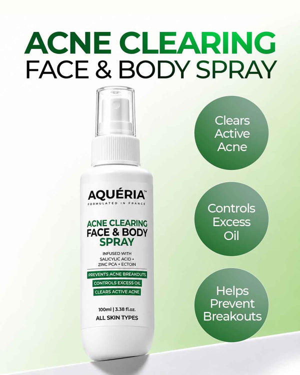 Acne Clearing Face & Body Spray with Salicylic Acid, Benzoyl Peroxide & Zinc PCA | For Back & Body Breakouts | Fast-Drying 360° Spray