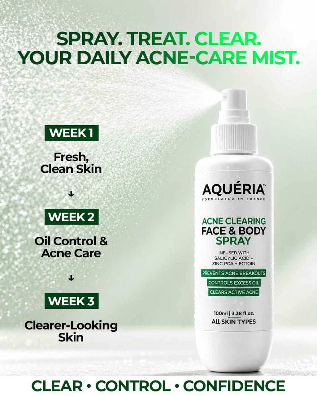 Acne Clearing Face & Body Spray with Salicylic Acid, Benzoyl Peroxide & Zinc PCA | For Back & Body Breakouts | Fast-Drying 360° Spray