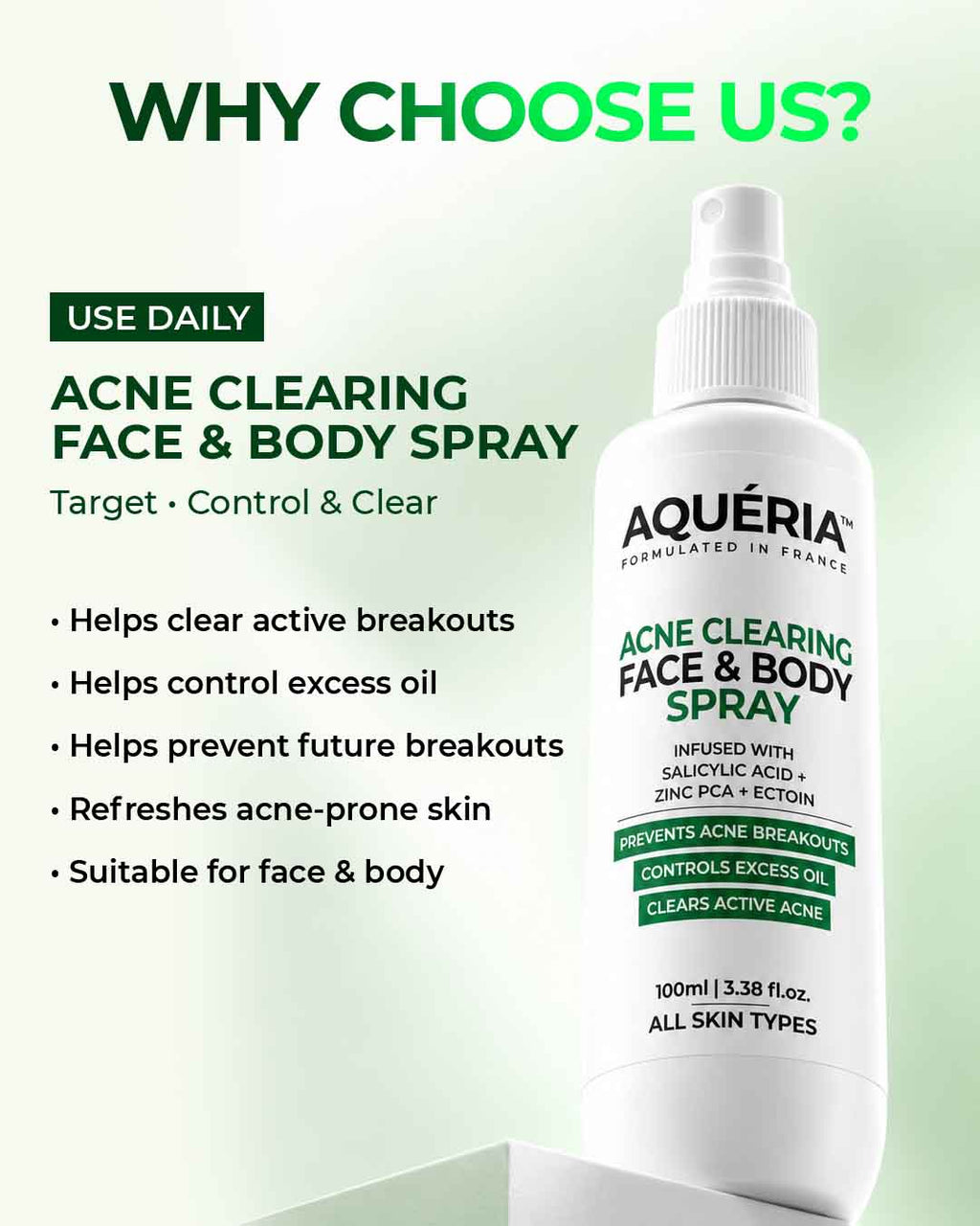 Acne Clearing Face & Body Spray with Salicylic Acid, Benzoyl Peroxide & Zinc PCA | For Back & Body Breakouts | Fast-Drying 360° Spray