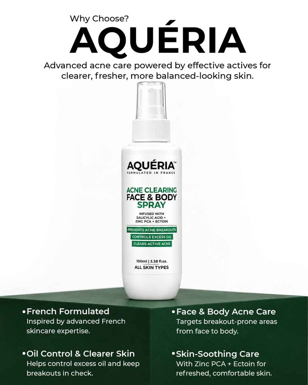 Acne Clearing Face & Body Spray with Salicylic Acid, Benzoyl Peroxide & Zinc PCA | For Back & Body Breakouts | Fast-Drying 360° Spray