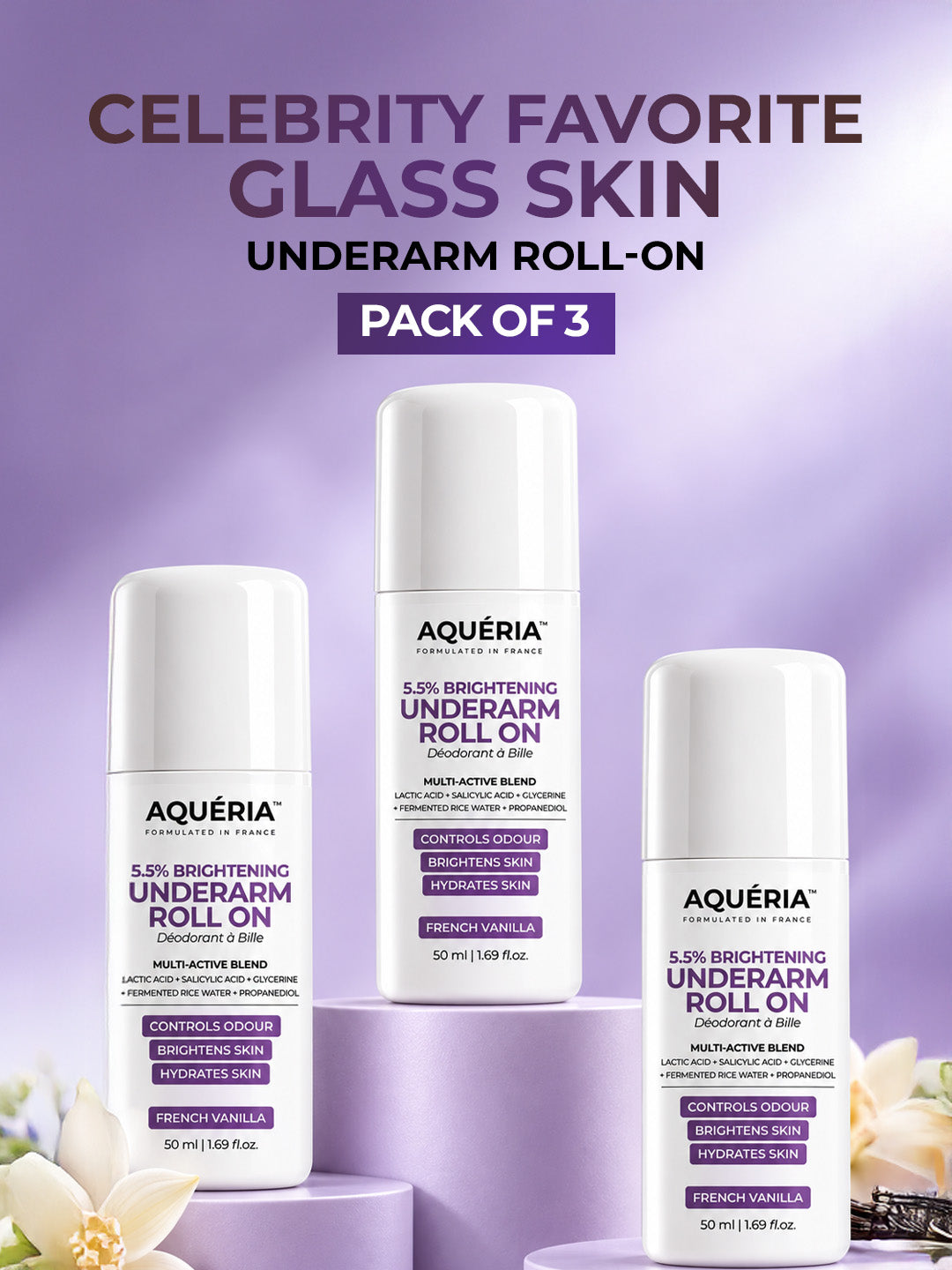 Brighten and smooth underarms with Aquéria's 5.5% AHA BHA roll-on, featuring Salicylic Acid, Fermented Rice Water and a rich French Vanilla fragrance.