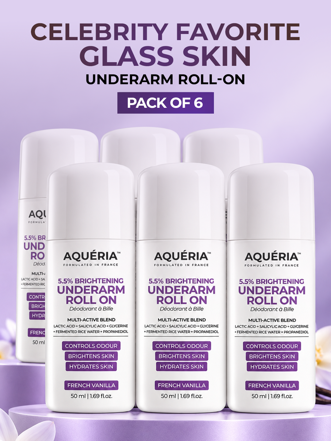 Brighten and smooth underarms with Aquéria's 5.5% AHA BHA roll-on, featuring Salicylic Acid, Fermented Rice Water and a rich French Vanilla fragrance.